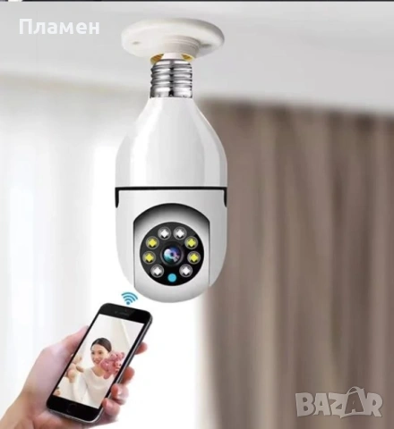 Лампа  панорамна WiFI  IP 360 гр. Звук и сензор Камера за наблюдение и запис E27, снимка 3 - Камери - 53419925