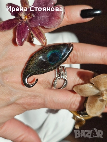 Регулируеми пръстенчета с естествен цвят на орхидея, лилиум и пауново перо , снимка 15 - Пръстени - 52387566