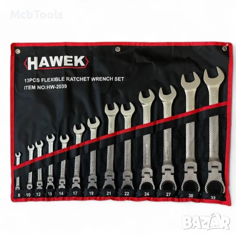 Комплект звездогаечни тресчотни ключове с чупещо рамо 8 – 32 мм 13 части Hawek, снимка 3 - Други инструменти - 50826406