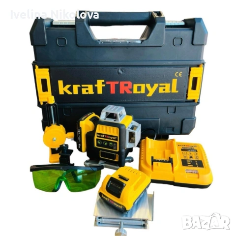Лазерен нивелир Kraft Royal, Самонивелиращ, 4D, Дистнационно, Жълт, 5VDC, 5Ah, снимка 2 - Куфари с инструменти - 53643078