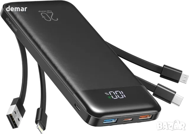Външна батерия Charmast с 4 вградени кабела, 20000mAh бързо зареждане 20W PD QC