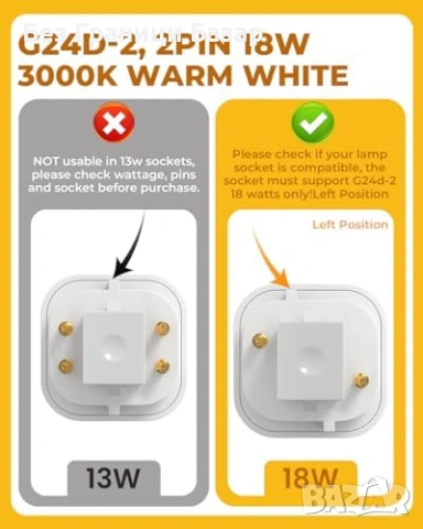 Нова G24D-2 18W 2 Pin Крушка 3000K 750lm CFL Енергоспестяваща 2 броя топла светлина, снимка 3 - Крушки - 54206592