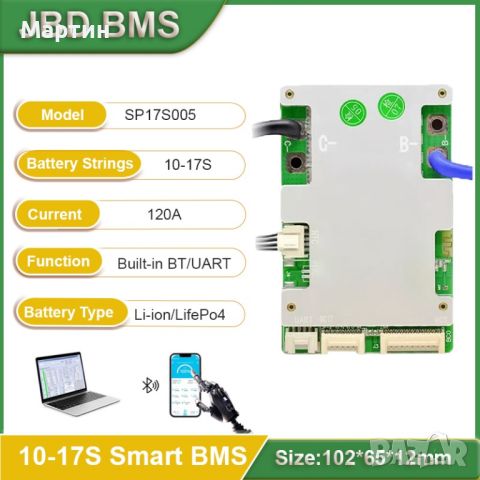 Smart BMS JBD 10S-17S 120A Li-ion Same Port w/ Balance 36V 48V 60V Bluetooth, снимка 1 - Друга електроника - 41952772