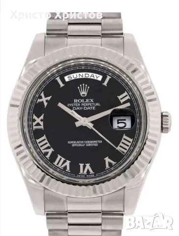 Мъжки луксозен часовник Rolex white gold Day Date II Presidential Black Roman Dial Wristwatch, снимка 1 - Мъжки - 46886976