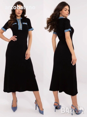 Дамска черна плетена рокля с къс ръкав.