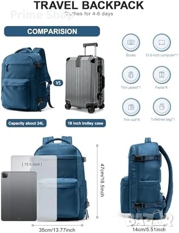 Раница за ръчен багаж livbote с вакуумна компресия и помпа, 40L, Синя, снимка 5 - Раници - 53748643