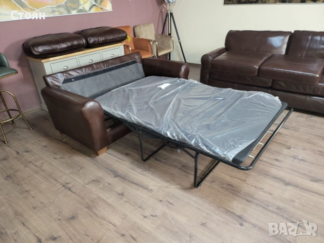 Кафяв кожен комплект дивани четворка и двойка с функция сън, снимка 10 - Дивани и мека мебел - 53755584