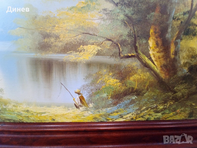 „Спокойствие край езерото“ – Авторска маслена живопис в масивна рамка, снимка 7 - Картини - 53966492