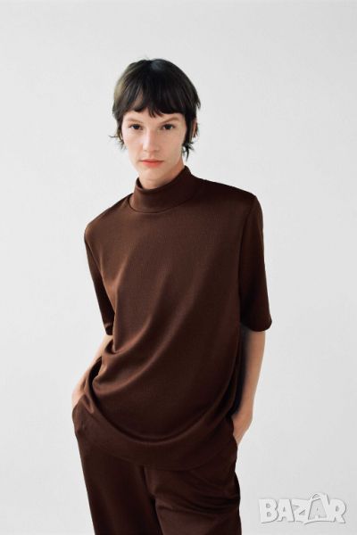 Дамска тениска с високо деколте Zara, 96% полиестер, 4% еластан, Кафява, XL, снимка 1