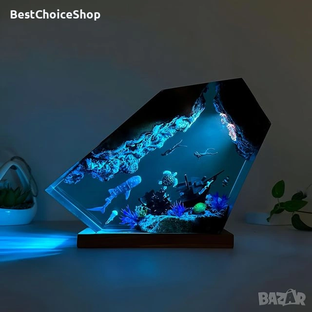 3D смола океански живот, нощна лампа с дървена основа – Многоцветна, снимка 1