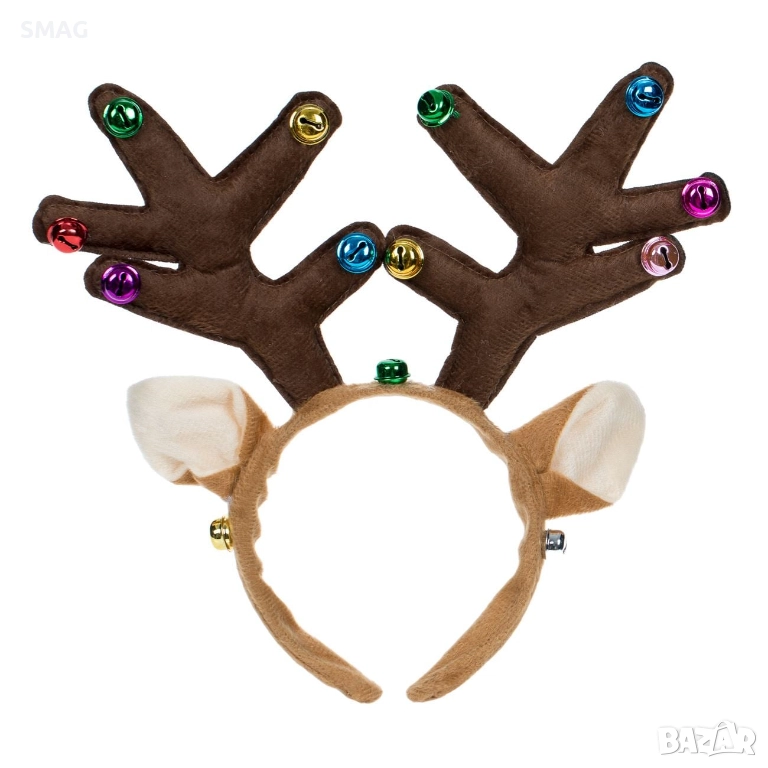 Коледна диадема еленови рога с ушички и звънчета 15 см_1227258, снимка 1