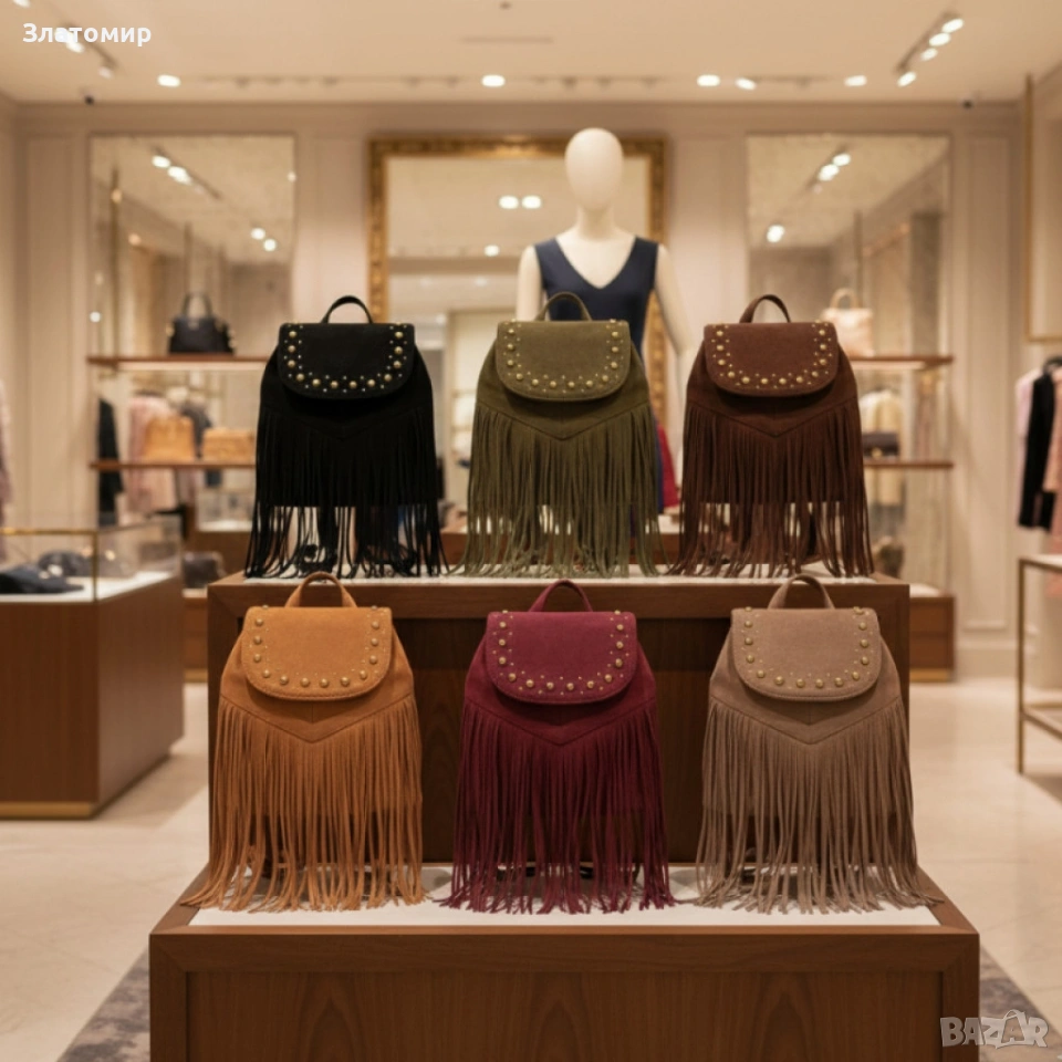 Велурена дамска раница с ресни и метални нитове – бохо стил и практичност, снимка 1