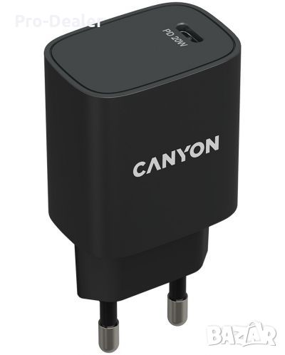 Зарядно устройство Canyon - H-20-02, USB-C, 20W, черно Бързо зареждане, снимка 1