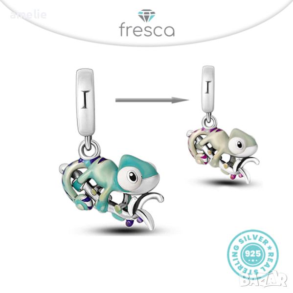 Талисман Fresca по модел тип Pandora сребро 925  Changing Color Chameleon Charm. Колекция Amélie, снимка 1