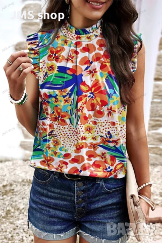 Дамска многоцветна плисирана блуза без ръкави с флорален принт в стил Boho, снимка 1 - Ризи - 44987824