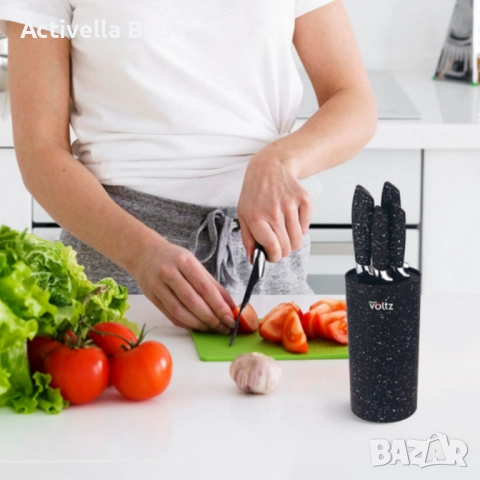 Комплект ножове Voltz с мраморно покритие и стойка – Стил, острота и удобство за перфектна кухня 5OV, снимка 7 - Прибори за хранене, готвене и сервиране - 52533341