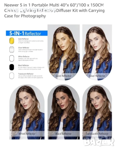 Neewer 5 в 1 мултифункционален фотографски рефлектор за студио и външна фотография 100×150 см, снимка 11 - Светкавици, студийно осветление - 51407502