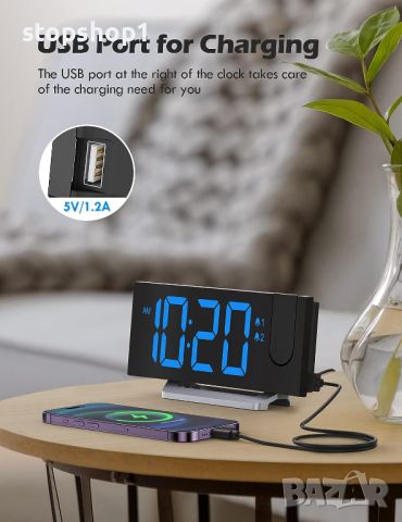 Прожекционен будилник с FM радио, USB порт за зареждане, димер 0-100%, двойни аларми, HD LED дисплей, снимка 3 - Тонколони - 46246373