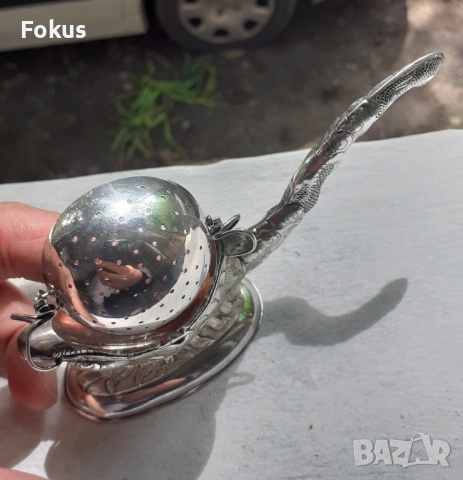 Стара антикварна сребърна цедка за чай с дракон - маркировки, снимка 2 - Антикварни и старинни предмети - 53327569