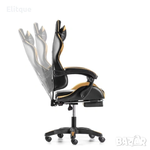 Черен геймърски стол с златисти акценти и разтегляема поставка за крака , снимка 7 - Столове - 53242816