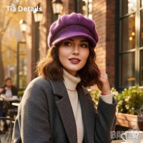 Дамска зимна плетена шапка с козирка и декоративни камъчета , снимка 5 - Шапки - 52997049