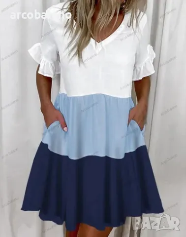 Свободна модна с V-образно деколте къса рокля с джоб и волан, 10цвята , снимка 6 - Рокли - 50133940