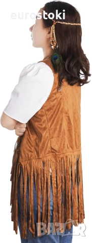 Fumwase  Хипи костюм от 4 части с тема 60-те и 70-те години, жилетка с ресни, лента за глава с пера, снимка 4 - Костюми - 52506935