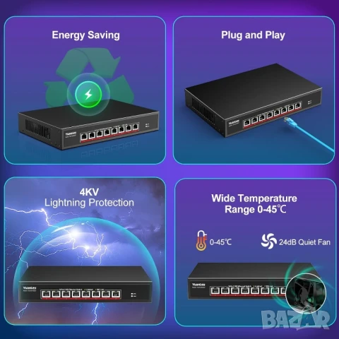 Yuanley 8 порта х 10G RJ45 Ethernet суич, неуправляем комутатор, plug and play , снимка 6 - Суичове - 50271107