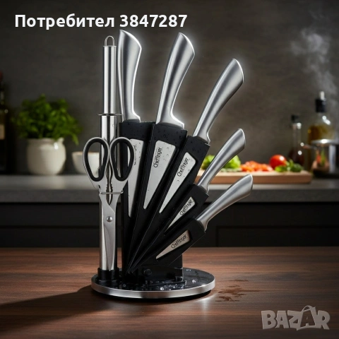 Комплект ножове 8 части със стойка Cheffinger – неръждаема стомана, въртяща се акрилна поставка 360°, снимка 2 - Прибори за хранене, готвене и сервиране - 53449903