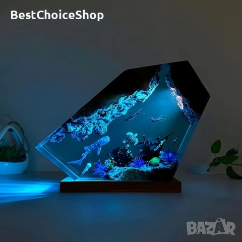 3D смола океански живот, нощна лампа с дървена основа – Многоцветна