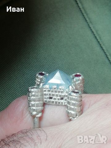 Сребърен пръстен със Сапфир и Рубини , снимка 2 - Пръстени - 45836746