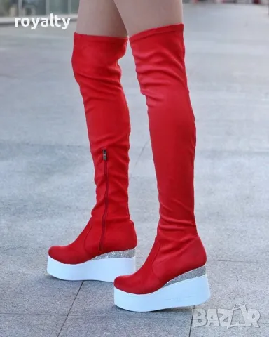 Ботуши на платформа - червен велур и брокат 
