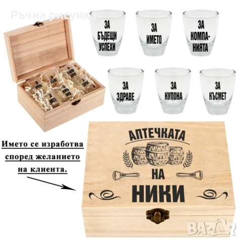 Кутия с шотове - пример "Аптечката на ...Трифон ,Димитър,Иван ,Христо,Стефан ,Йордан,Никулден и друг, снимка 5 - Декорация за дома - 48764888
