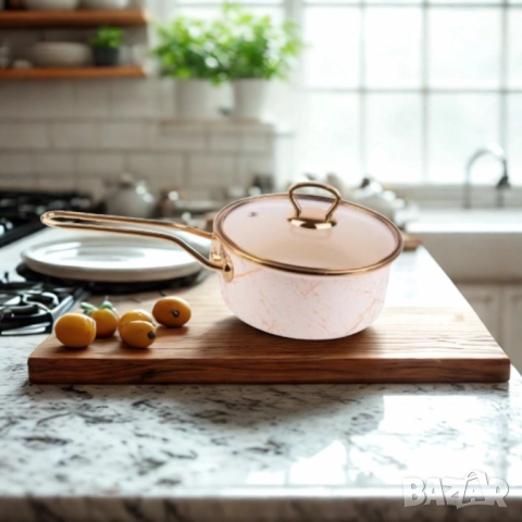 Касерола с капак Goldmann 16x8см. 1.5л./18x9см. 2л. Емайл. Индукция. Бял/Старо злато, снимка 3 - Съдове за готвене - 52112878