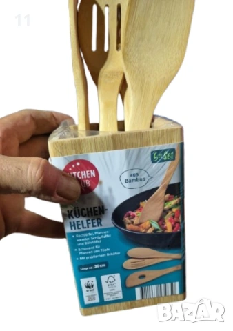 Екологичен комплект бамбукови кухненски прибори с поставка, снимка 3 - Аксесоари за кухня - 53451472