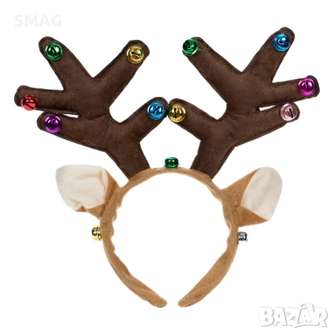 Коледна диадема еленови рога с ушички и звънчета 15 см_1227258