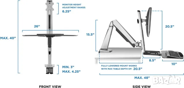 Работна Станция със Стойка за 1 Монитор и Клавиатура, Регулируема Височина - Mount It! , снимка 3 - Монитори - 46992670