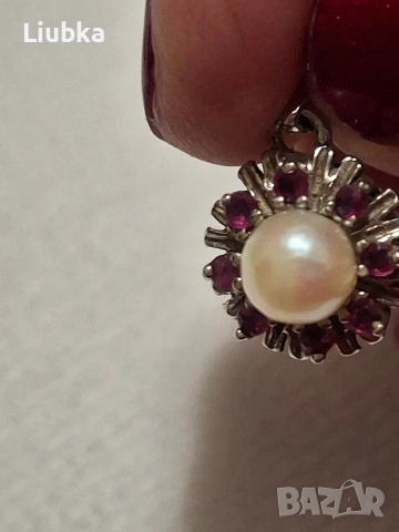 сребърна висулка с перла и рубинчета, снимка 2 - Колиета, медальони, синджири - 52711683