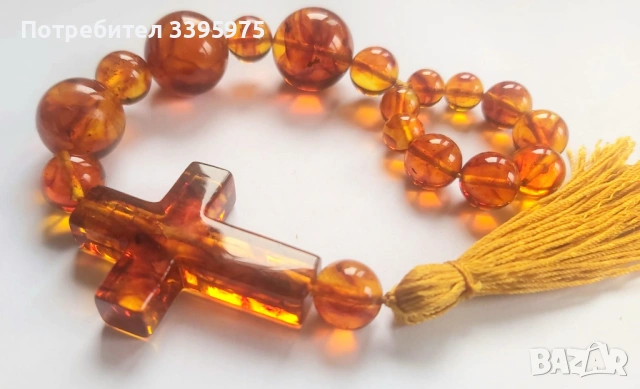 Броеница с кръст от Балтийски кехлибар 24 см, снимка 4 - Бижутерийни комплекти - 53631530