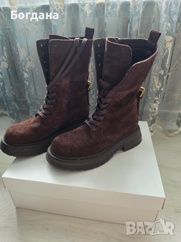 Кафяви боти естествен велур Aquamarineshoes, снимка 6 - Дамски боти - 54199824