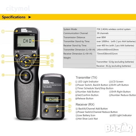 Безжично дистанционно управление и интерваломер  Pixel Timer TW-283/TW-283RX, снимка 2 - Чанти, стативи, аксесоари - 52668736