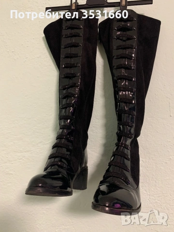 Елегантни дамски ботуши (лак и велур), снимка 3 - Дамски ботуши - 53403483