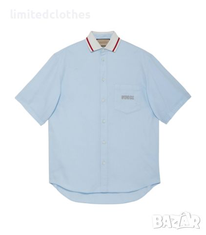 GUCCI Sky Blue Oxford Pique Collar Logo Oversized Мъжка Риза с Къс Ръкав size 50 (L / XL), снимка 2 - Ризи - 46130945