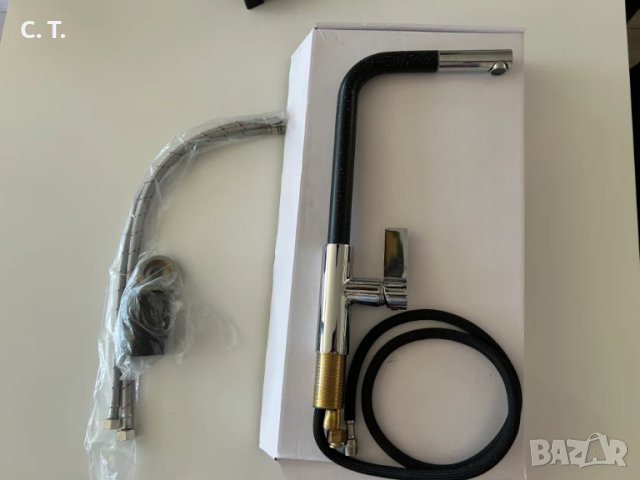 Употребяван кухненски смесител – висок чучур с изтеглящ се душ, хром и гранит-50лв, снимка 1