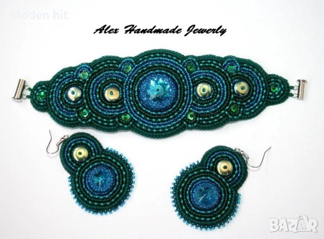 Ръчно изработен комплект с риволи кристали - гривна и обеци, снимка 2 - Бижутерийни комплекти - 50803499