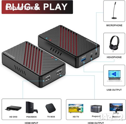 DIGITNOW 4K Video Capture Card, HDMI към USB3.0 Live Gamer Capture Card Full HD 1080P 60fps, снимка 8 - Аксесоари - 46700574