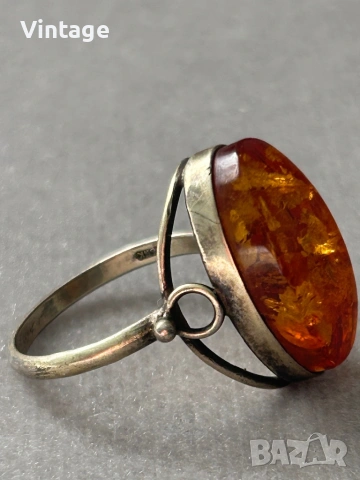 Антикварен съветски сребърен пръстен с кехлибар , снимка 10 - Пръстени - 53260437