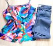Цветен топ Carolina Biss & нов панталон Logg by H&M M/L размер, снимка 1 - Дънки - 45472000