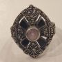 Стар сребърен пръстен с турмалин отгоре и странично лунен камък, снимка 1 - Пръстени - 45640957