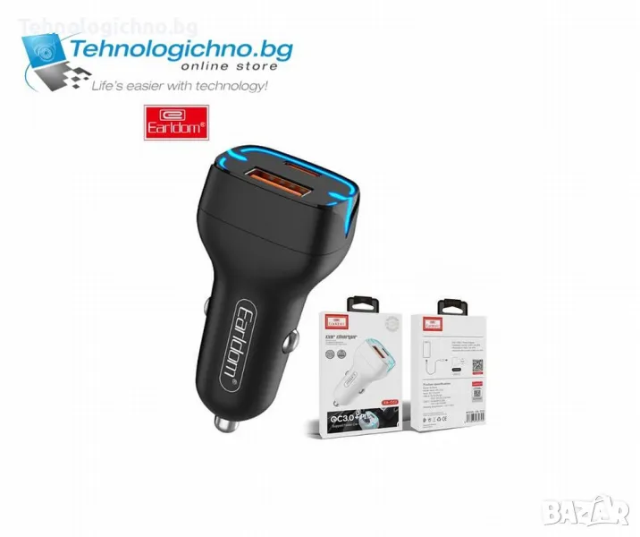 Зарядно устройство за кола Earldom ES-CC2, 1xUSB QC3.0, 1xType-C PD, снимка 1